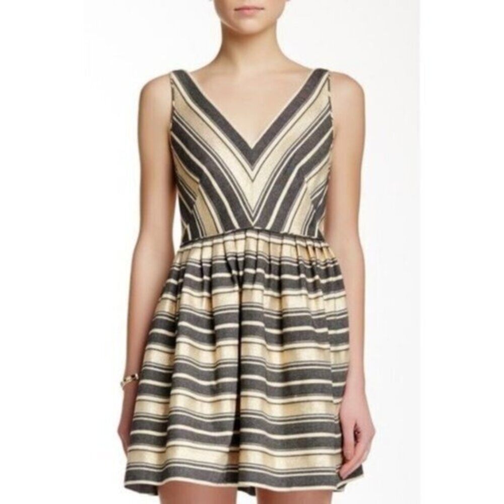 J. Crew Factory Fit & Flare Chevron Stripe Mini Dress in Ivory/Gold/Black Size 6